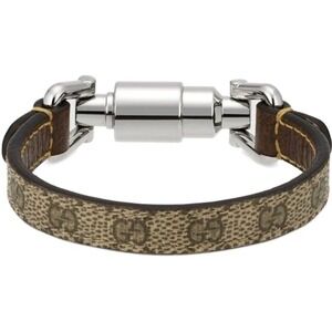Gucci 759597 GG Supreme Canvas Leather Piston Clasp Bracelet Silvertone hardware